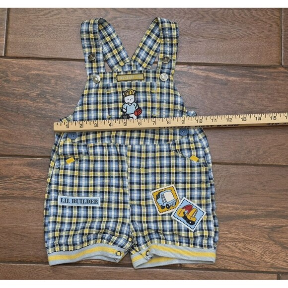 *Vintage Baby Boy Overalls 6-9M Blue Yellow Plaid Lil Builder Construction Theme - Picture 3 of 9